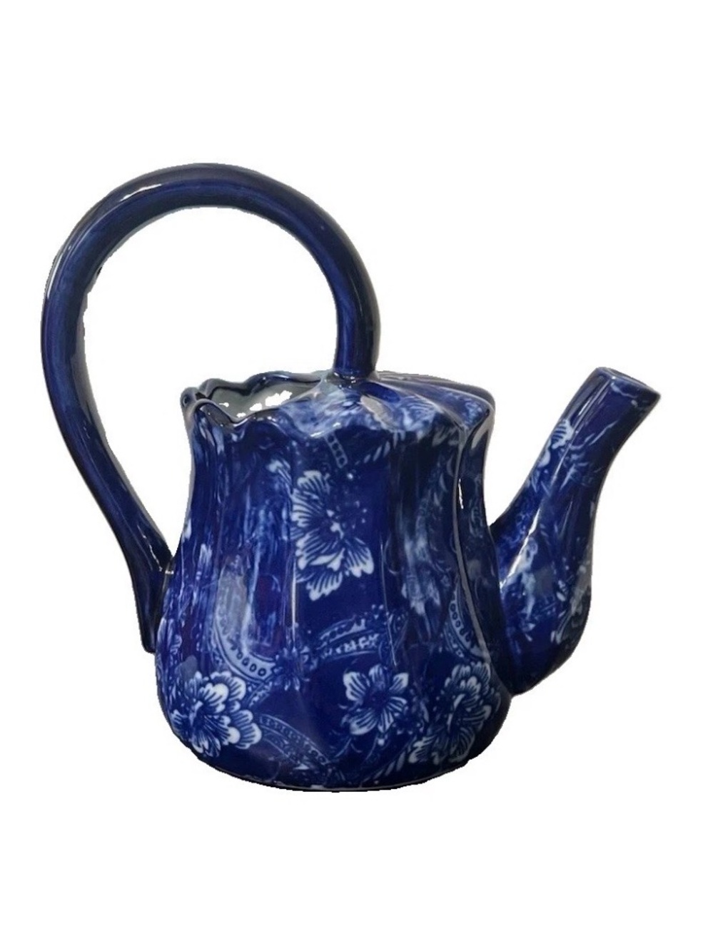 Vintage Cobalt Blue White Chinoiserie Porcelain Teapot Loop Handle Floral